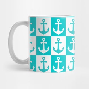 Checkered Ship Anchor Pattern - Ocean Blue and White Mug